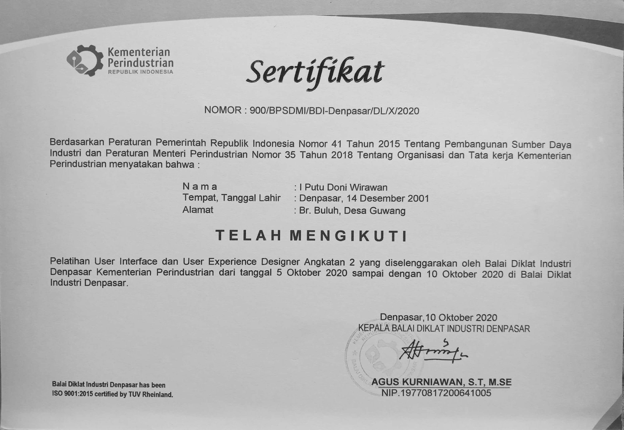 Certificate of participation in UI/UX Design training at BDI Denpasar