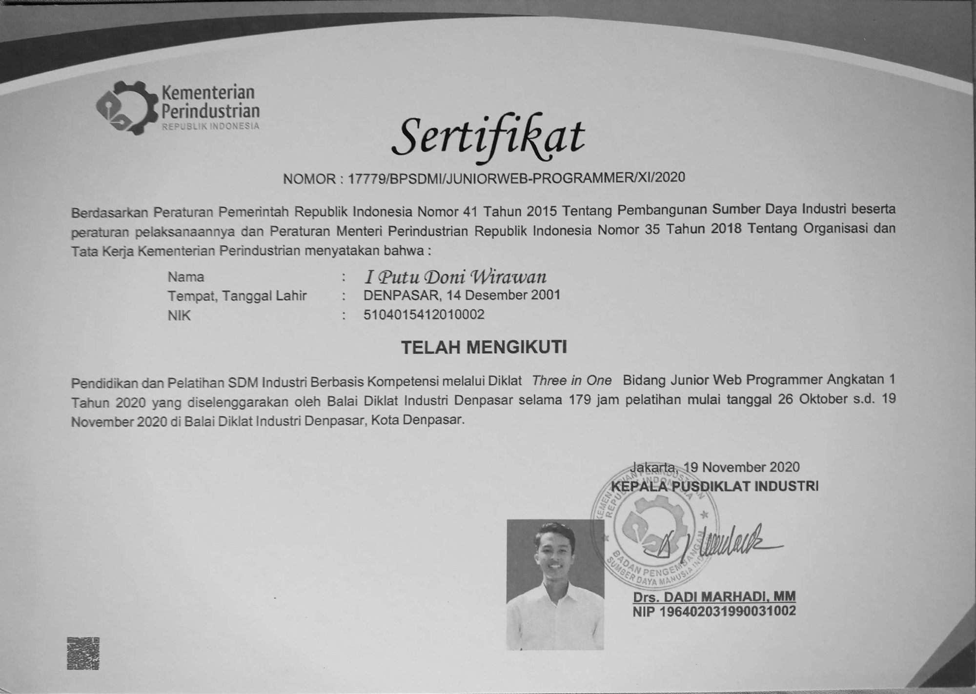 Certificate Signs of participating in JUNIOR WEB DEVELOPER TRAINING at BDI Denpasar